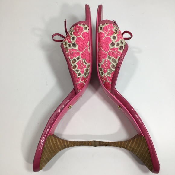 🎀 Betsey Johnson Pinup Bow Pink Lace Sandal Heels - Picture 5 of 8
